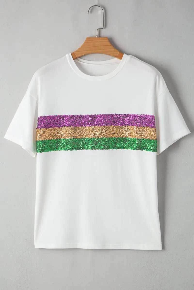 White Sequin Stripes Patchwork Mardi Gras Crew Neck T Shirt - Love Salve